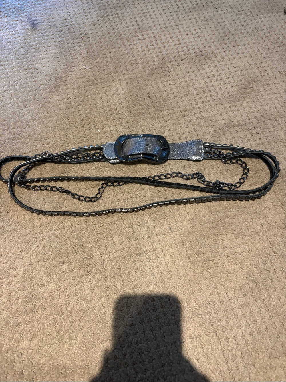 Vintage Metallic Silver Black Triple Chain & Leather Belt
